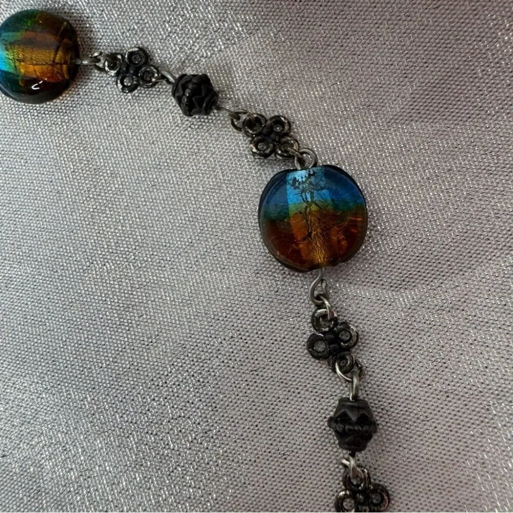 Necklace Dichroic glass beads brown blue toggle necklace silver black luxe
